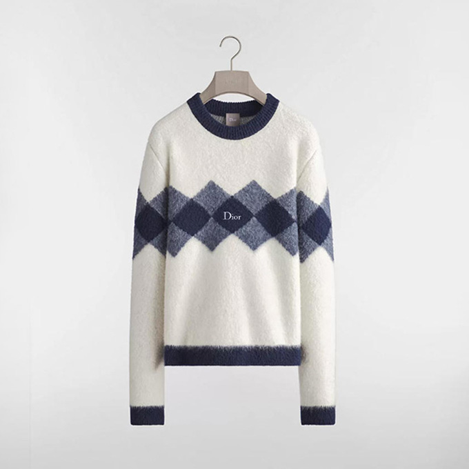 dior argyle jacquard embroidered logo crew neck knit sweater